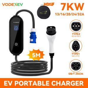 VODEXEV 타입 2 휴대용 EV 충전기 7.2KW 32A 1상 월박스 타입1 GB/T EVSE 충전 케이블 CEE 플러그 WiFi 블루투스 제어