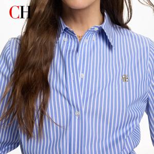 새로운 트렌드 패션 셔츠 고품질 블루 앤 화이트 세로 스트라이프 브랜드 레터 라벨 액세서리 여성용 긴팔 셔츠