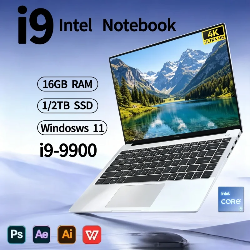 LENO i9-9900 인텔 코어 15.6인치 노트북 윈도우 11 4K HD 16GB 램 1/2TB SSD 초슬림 휴대용 게이밍 비즈니스 노트북