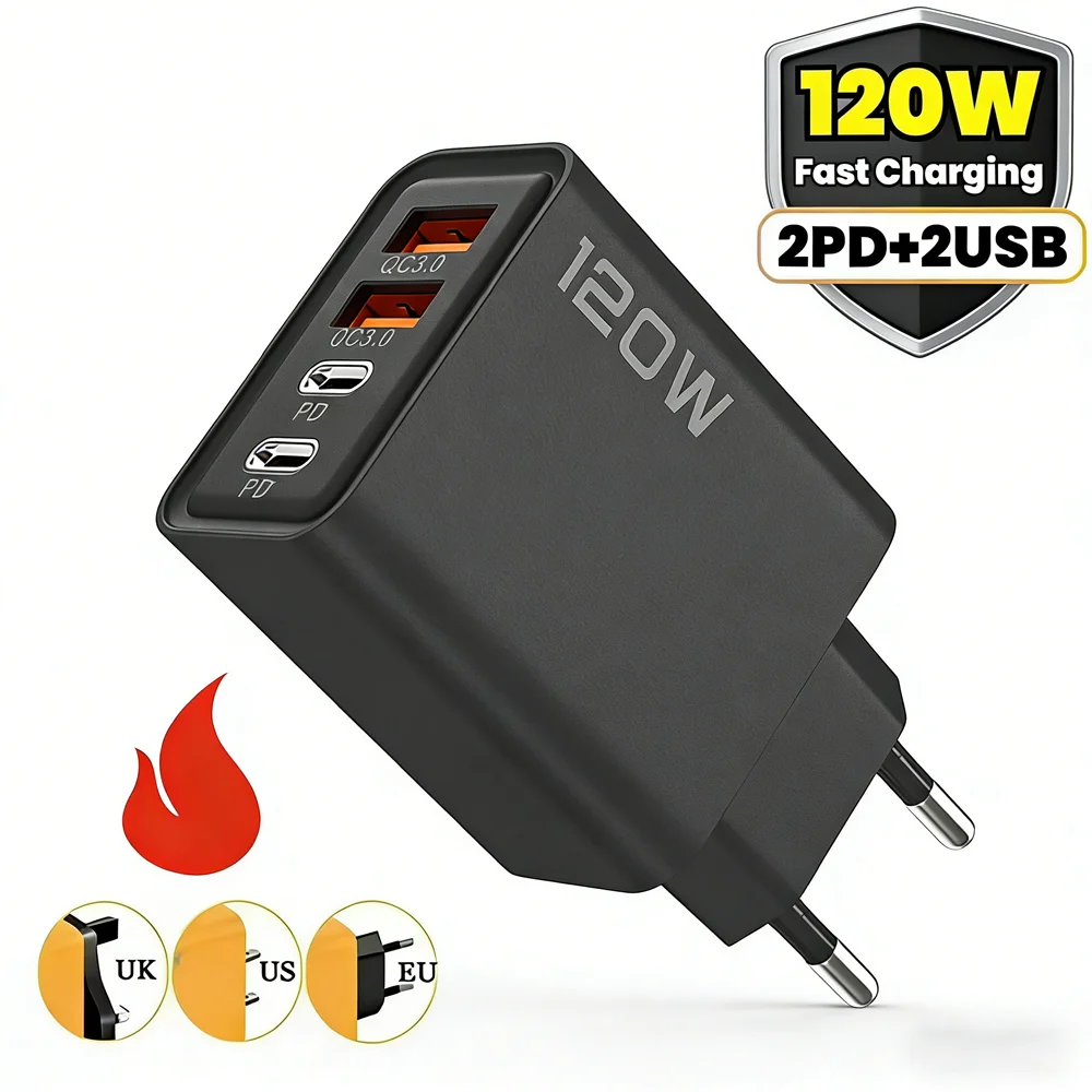 120W 고속 충전기 타입-C 퀵차지 3.0 USB 충전 케이블 어댑터 (샤오미, 삼성, 아이폰 2 PD 4포트, EU/US 플러그)