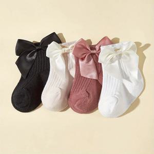 4켤레 아기 여자 양말 큰 리본 공주풍 아동 중목 양말 단색 봄 가을 신생아 유아용 면 짧은 양말