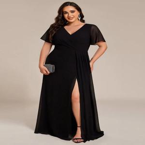 BAZIIINGAAA 파티 드레스 플러스 사이즈 연꽃 잎 프릴 슬리브 비대칭 루치드 엠파이어 허리 쉬폰 이브닝 드레스