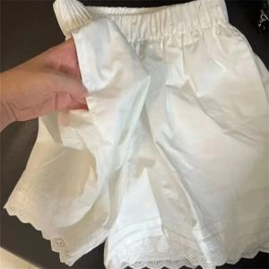 여성용 화이트 레이스 트림 패치워크 캐주얼 반바지 하이 웨이스트 와이드 레그 휴가용 비치 팬츠 루즈한 얇은 바지 홈 반바지