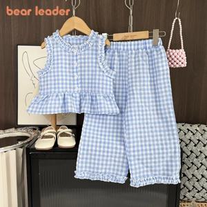 Bear Leader Blue Girls Clothes 한국어 버전 체크 무늬 프린트 민소매 싱글 브레스트 탑 + 바지 캐주얼 아동복