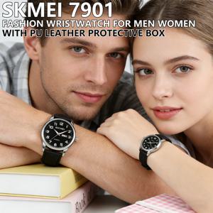 SKMEI 7901 패션 쿼츠 손목시계 PU 가죽 케이스 청소년 여성 주간 날짜 표시 남성 시계 30M 방수 생일 & 커플 선물