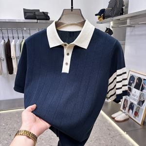 하이엔드 라이트 럭셔리 컬러 블록 니트 여름 남성 반팔 폴로셔츠, 얇은 질감 디자인, 캐주얼 티셔츠