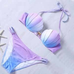 여성용 하이웨이스트 수영복 레이디스 브라 세트 비키니 수영복 섹시 오픈 백 머메이드 그라데이션 쉘 스플릿 여성 수영복