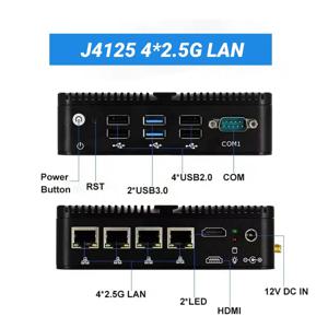 워크스테이션 팬리스 미니 PC 셀러론 J4125 8GB 256G SSD 리눅스 산업용 임베디드 컴퓨터 4x2.5G 랜 방화벽 라우터 VPN RS232