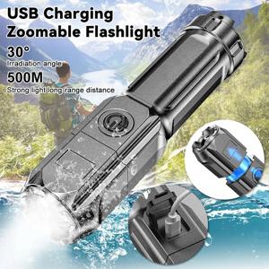 강력한 LED 손전등 USB 충전식 토치 휴대용 Zoomable 캠핑 라이트 야외 하이킹 비상용 3 조명 모드