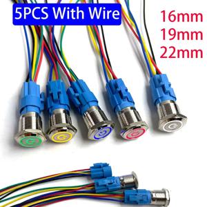 5 개 금속 푸시 버튼 스위치 12v 16mm 19mm 22mm 링 램프 전원 기호 방수 LED 라이트 자동 잠금 리셋 커넥터 220