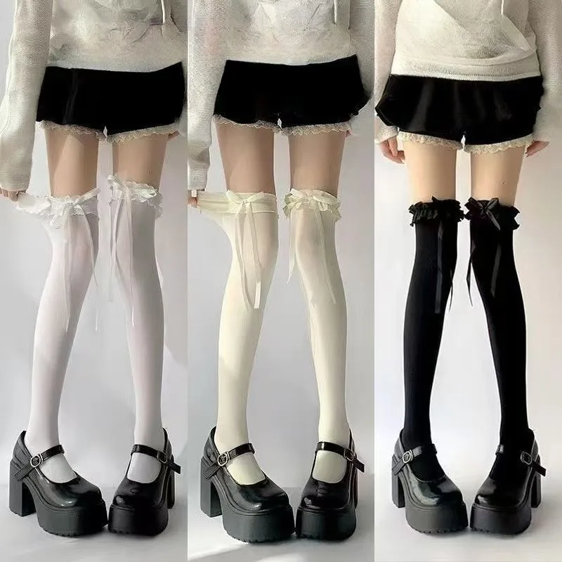 흰색 얇은 시스루 러플 엣지 레이스 롱 양말 여성 JK 소녀 달콤한 허벅지 높이 스타킹 로리타 나일론 오버니 귀여운 리본 양말