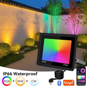 50W 100W TUYA RGB LED 투광 조명 스마트 제어 APP 디밍 가능 조경 램프 야외 방수 크리스마스 파티 장식 스포트라이트