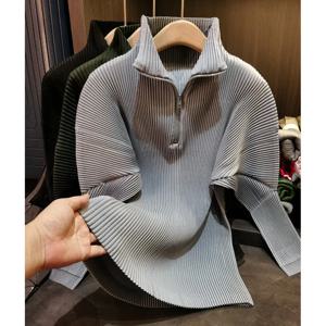 미야케 플리츠 스웨트셔츠 핏 스트라이프 지퍼 스탠딩 칼라 재킷 여성용 2025 신상 캐주얼 풀오버 헌드레드 플리츠 스키니 탑스
