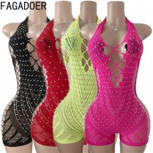 FAGADOER 섹시한 속이 빈 라인스톤 패치워크 바디콘 롬퍼 여성용 홀터 슬리브리스 백리스 점프수트 여성 파티 클럽웨어