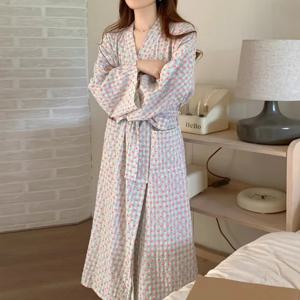 목욕 가운 여성 목욕 사랑 격자 무늬 느슨한 긴 소매 긴 기모노 v 넥 레이스 업 바지 잠옷 섹시한 가운 여성 소녀