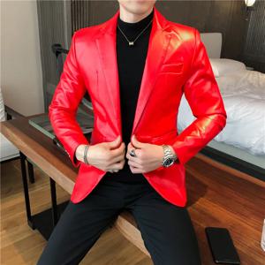 2022 가을 가죽 자켓 남성 슬림 피트 캐주얼 비즈니스 블레이저 Masculino 솔리드 컬러 스트리트웨어 소셜 PU 코트 의상 옴므