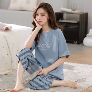여름 숙녀 투피스 잠옷 여성 7 바지 반팔 소녀 새로운 대형 잠옷 Homewear Suit Leisure Wear