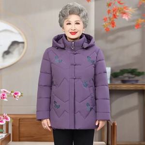 겨울 할머니 코튼 재킷 여성 코트, 패션 후드 두껍고 따뜻한 아우터, 플리스 자수 꽃 파카