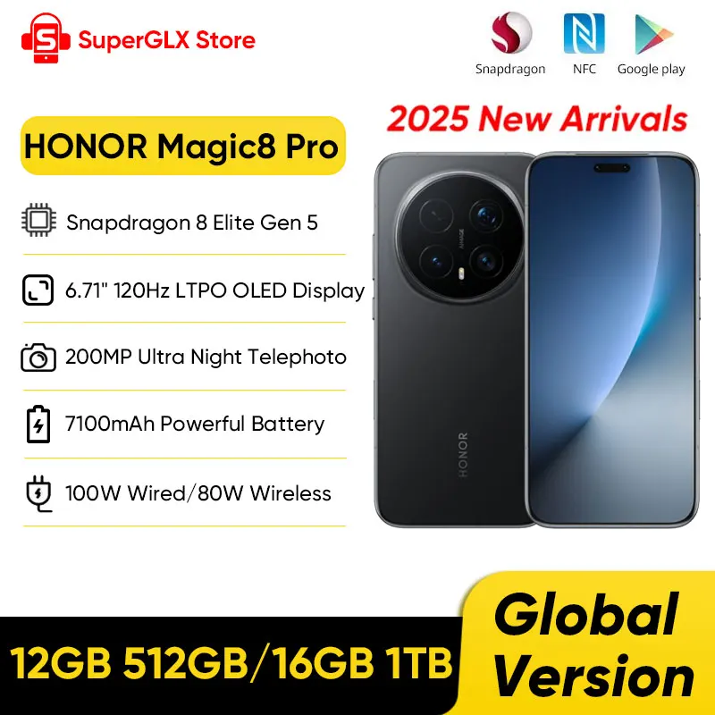 HONOR Magic8 Pro 글로벌 버전 5G AI 스마트폰 스냅드래곤 8 엘리트 Gen 5 6.71''120Hz OLED 스크린 200MP 카메라 100W 슈퍼차지