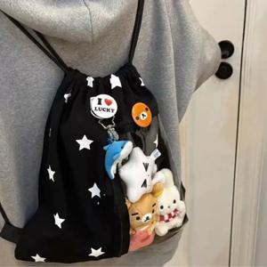 오리지널 블랙 화이트 스타 Dstring 가방 대용량 투명 인형 가방 학생 Schoolbag 캐주얼 소프트 Y2K 한국어 숄더 백