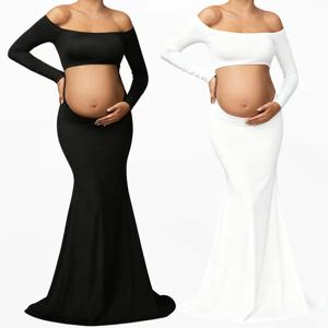 임신 사진 촬영을위한 섹시한 흰색 긴 드레스 솔리드 어깨없는 긴 소매 웨딩 드레스 출산 베이비 샤워 사진