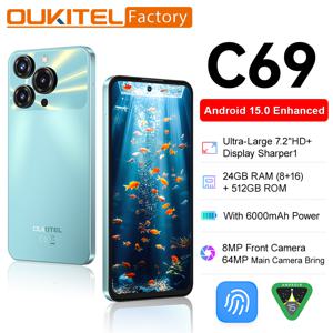 OUKITEL C69 스마트폰 안드로이드 15 7.2인치 HD 대화면 듀얼 4G 24GB(8+16)+256GB 6000mAh 64MP 메인 카메라 120Hz NFC