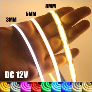 DC 12V COB LED 스트립 라이트 홈 데코용 3MM 5MM 8MM 0.5-5M 9가지 색상 화이트/레드/블루/핑크/그린 유연한 리본 TV 백라이트 로프