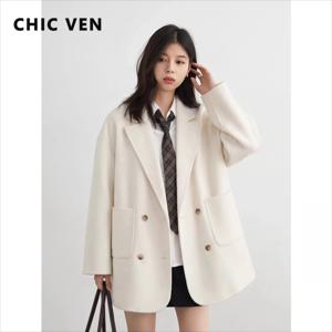 CHIC VEN 새로운 여성 모직 코트 루즈 솔리드 중간 길이 양면 오버사이즈 오피스 여성 자켓 아우터 가을 겨울 2026