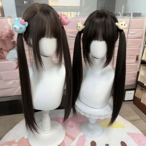 긴 스트레이트 가발 60cm 콜드 브라운 풀 가발 앞머리 포함 턱수염 더블 포니테일 여성용 로리타 스타일 코스프레 파티
