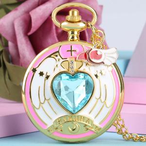 Cardcaptor 사쿠라 액세서리 펜던트 목걸이 체인 Steampunk 여성 선물과 럭셔리 골드 하트 모양의 보석 석영 주머니 시계