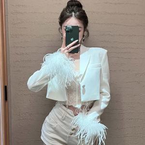 여성용 깃털 긴 소매 정장 재킷, 단추 크롭 블레이저, 여성용 오피스 블레이저, 여성용 스트리트웨어, 화이트 코트, 패션