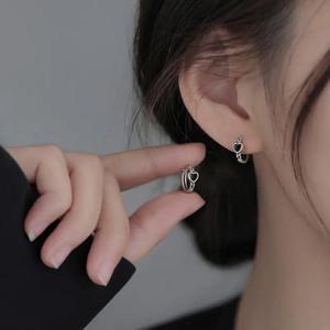 925 스털링 실버 블랙 하트 후프 귀걸이 기질 여성을위한 간단한 상감 웨딩 쥬얼리 액세서리