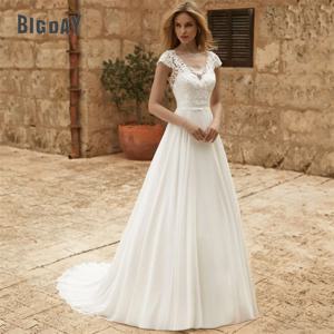 우아한 a 라인 웨딩 드레스 여성 레이스 환상 뒤로 짧은 소매 오-넥 Chiffion 신부 가운 기차 Vestido De Noiva 맞춤형