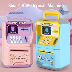 새로운 ATM 기계 금고 돈 은행 ATM 음악 동전 상자 만화 은행 얼굴 잠금 해제 어린이 장난감
