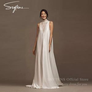 SSYTENS 맞춤형 부드러운 신부 드레스 인어 웨딩 드레스 레이스 민소매 하이 넥 리셉션 신부 가운 Robe de mariée