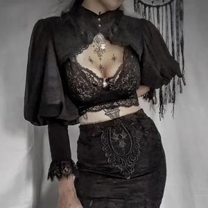 레이스 고딕 블랙 짧은 Steampunk 자르기 자켓 Kawaii 빈티지 화려한 궁전 블라우스 여성 파티 볼레로 빅토리아 코트 코르셋