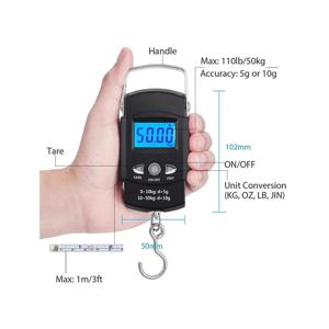 110lb/50kg 전자 저울 블루 백라이트 LCD 디스플레이 측정 규칙 테이프 저울 디지털 낚시 교수형 후크 스케일 도구