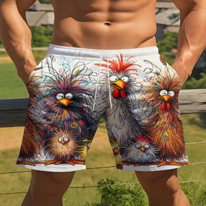 재미 있은 동물 치킨 3d Drawstring 수영 보드 반바지 하와이 서핑 보드 비치 짧은 남자 트렁크 수영복 스포츠 바지 반바지