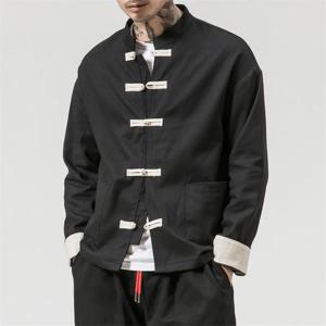플러스 사이즈 중국 스타일 당나라 정장 재킷 리넨 남성 탑 긴 소매 전통 쿵푸 태극권 옷 Hanfu 셔츠 포켓