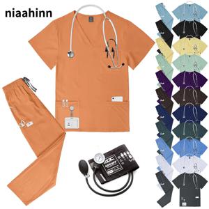 여러 가지 빛깔의 v 넥 스크럽 탑 + 바지 세트 애완 동물 병원 의사 작업복 남여 임상 수술 유니폼 의료 간호사 유니폼 S-XXL