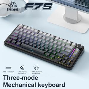 F75 기계식 키보드 FREEWOLF 81키 레이아웃 메탈 노브 PBT 키캡, 완전히 핫스왑 가능한 키 RGB 멀티컬러 백라이트