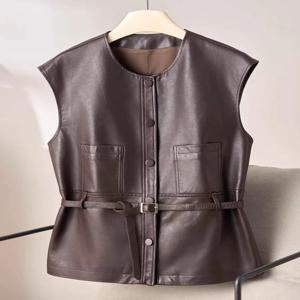 우아한 지적 슬림 벨트 조끼 여성 Femme 100% 가죽 블랙 부르고뉴 양복 조끼 Mujer 스웨터 Manteau 민소매 자켓