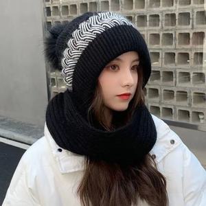 여성용 모직 모자, 가을과 겨울에 다용도로 사용 가능, 한국 버전, 두꺼운 벨벳과 스카프가 있는 트렌디하고 따뜻한 니트 모자, 원피스
