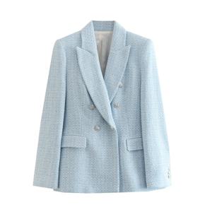 블루 체크 여성 정장 재킷 더블 브레스티드 패션 블레이저 가을 슬림 트위드 수트 코트 오피스 레이디 우아한 오버코트 2025