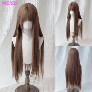 MEISU 32인치 스트레이트 뱅 가발 합성 섬유 레이어드 헤어 내열성 자연스러운 부드러운 연장 헤어 셀피 파티용