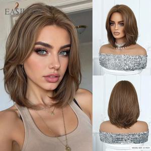 EASIHAIR 짧은 스트레이트 보브 헤어 합성 가발 여성용 브라운 스트레이트 내추럴 가발 8자형 앞머리 데일리 코스프레