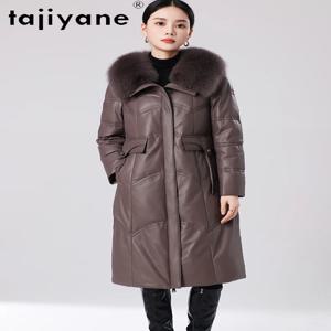 TAJIYANE 100% 최고급 양가죽 다운 코트 여성용 진짜 가죽 롱 패딩 재킷 폭스 퍼 칼라 2025 겨울 의류