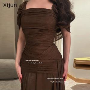 Xijun 우아한 브라운 쉬폰 이브닝 드레스 오프 숄더 A라인 정장 프롬 드레스 플리츠 사우디아라비아 프롬 가운 맞춤 제작