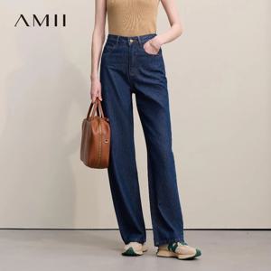 Amii 여성용 청바지 2026 가을 새로운 캐주얼 레터 엠보싱 코튼 데님 바지 여성용 레트로 다목적 스트레이트 바지 12641115