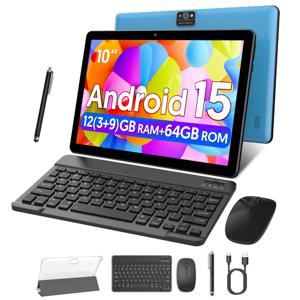 안드로이드 15 태블릿, 10.0인치 화면, 쿼드코어 프로세서, 12GB RAM (3GB+9GB), 64GB 저장용량, 2MP+8MP 듀얼 카메라, 6000mAh